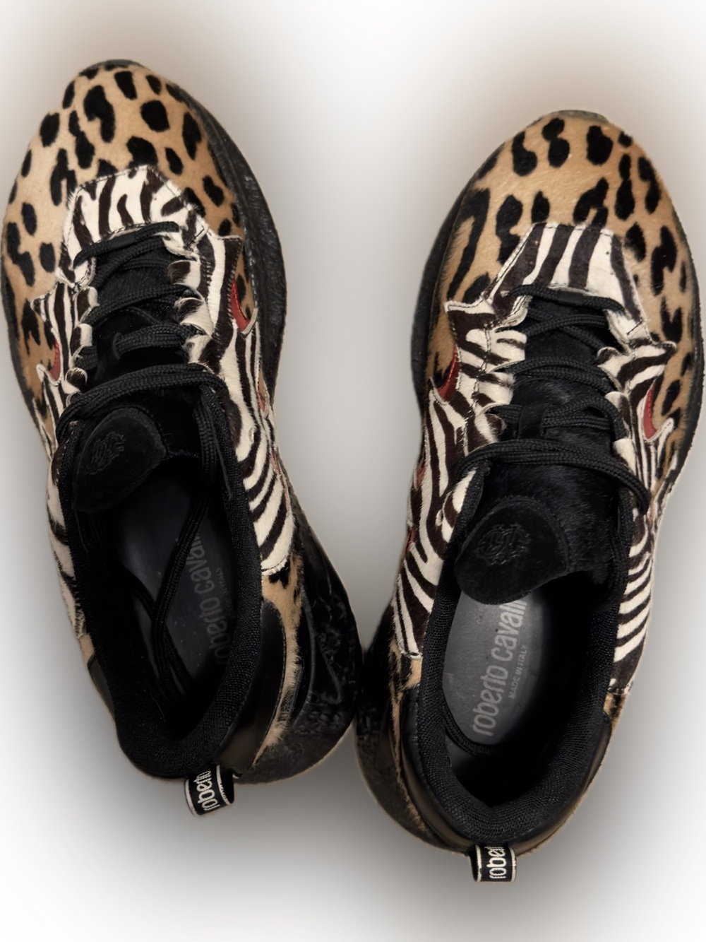 Roberto Cavalli Mixed Animal-Print Lace-Up Sneakers in Black, Tan and White